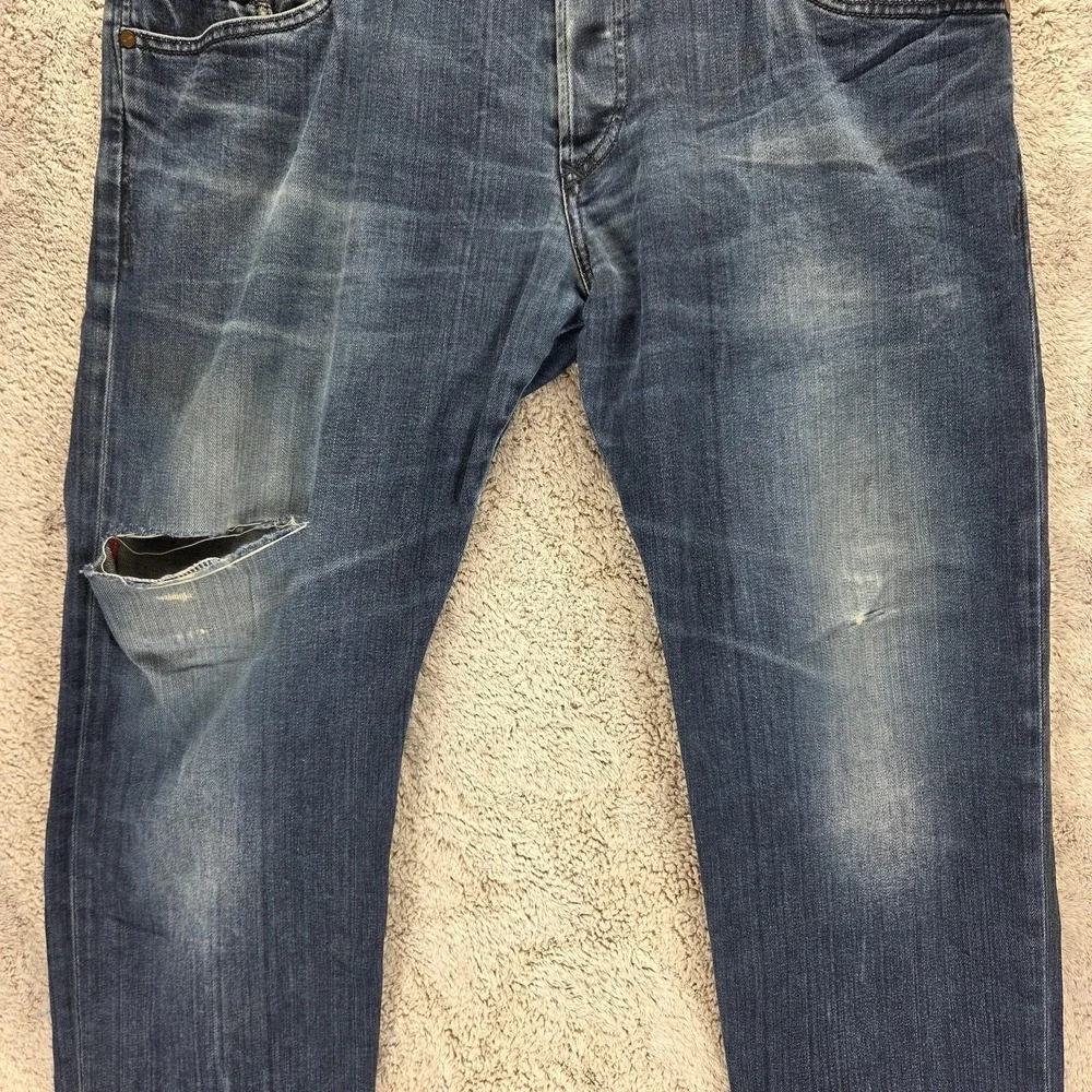 Diesel Jeans Mens 38x34 Blue D-Bazer Tapered Button Fly Distressed Altered Hem